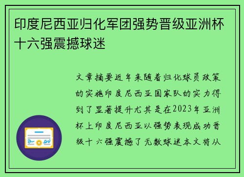印度尼西亚归化军团强势晋级亚洲杯十六强震撼球迷 印度尼西亚归化军团强势晋级亚洲杯十六强震撼球迷