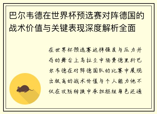 巴尔韦德在世界杯预选赛对阵德国的战术价值与关键表现深度解析全面